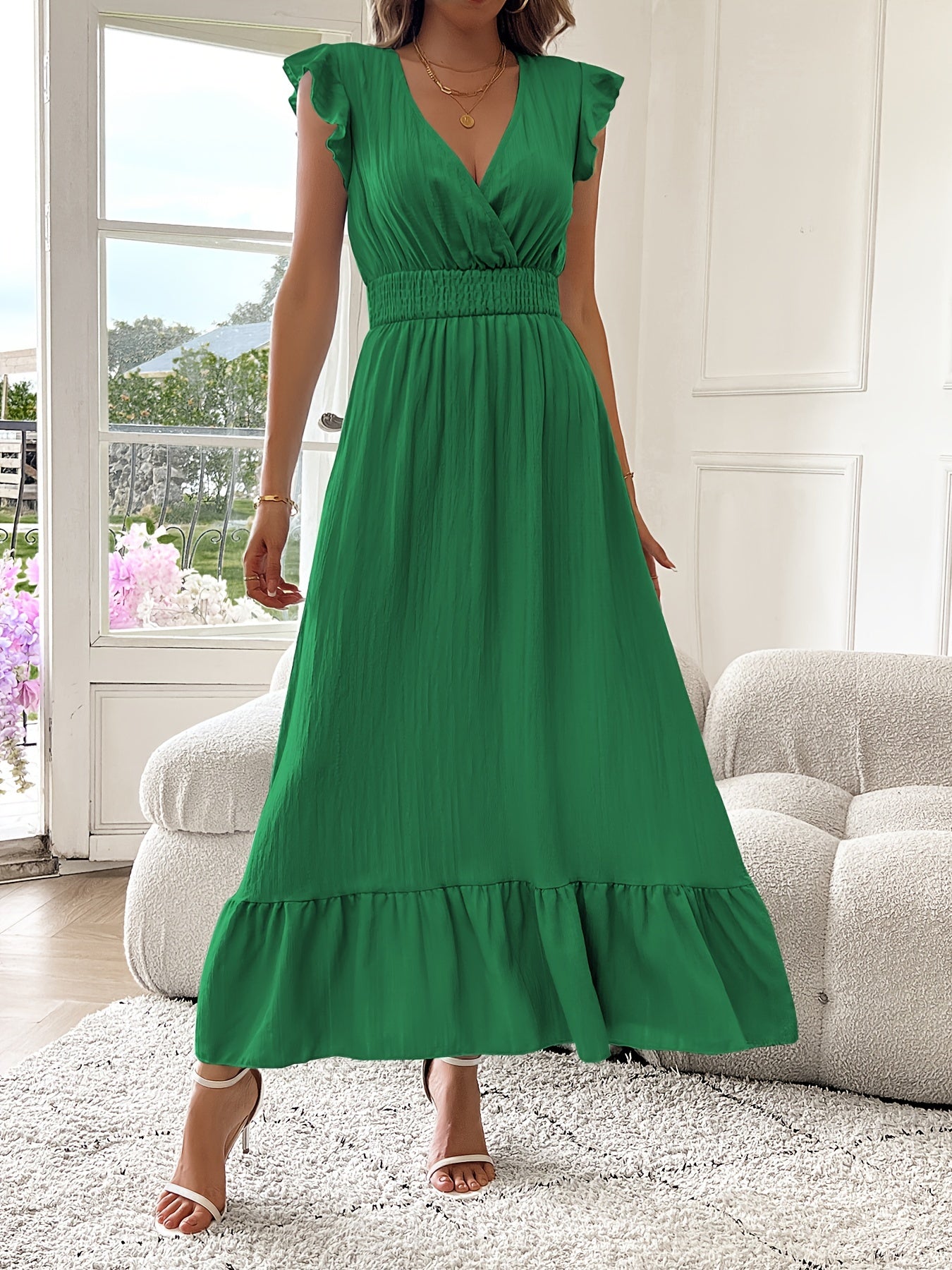 V-Neck Ruffled Maxi Dress – Flowy Ruffle Hem