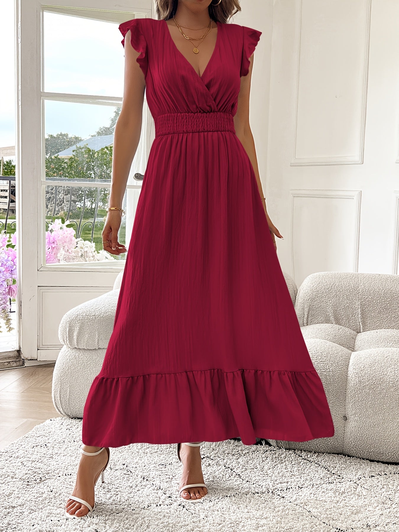 V-Neck Ruffled Maxi Dress – Flowy Ruffle Hem