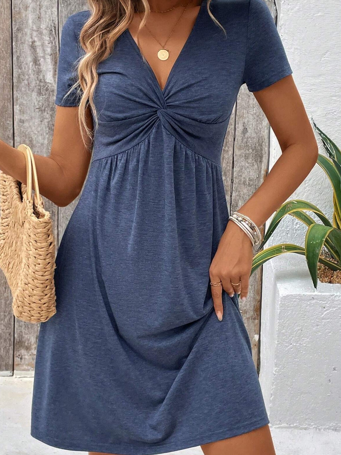 Short Sleeve V-Neck Twisted Dress – Flattering Fit & All-Day Comfort