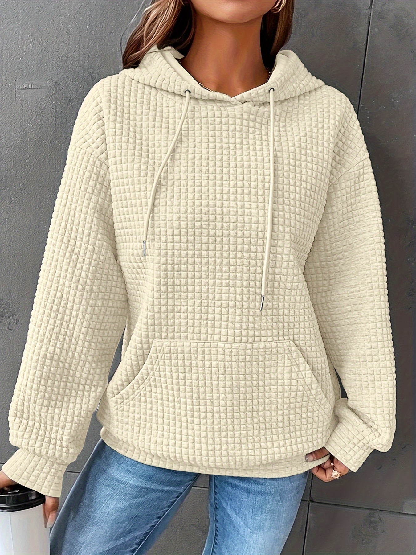 Waffle Knit Hoodie – Casual Long Sleeve Pullover