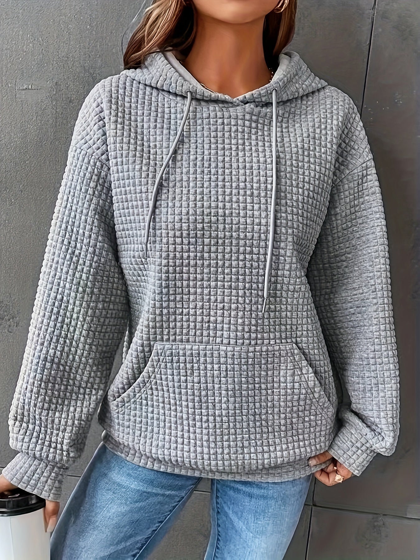 Waffle Knit Hoodie – Casual Long Sleeve Pullover