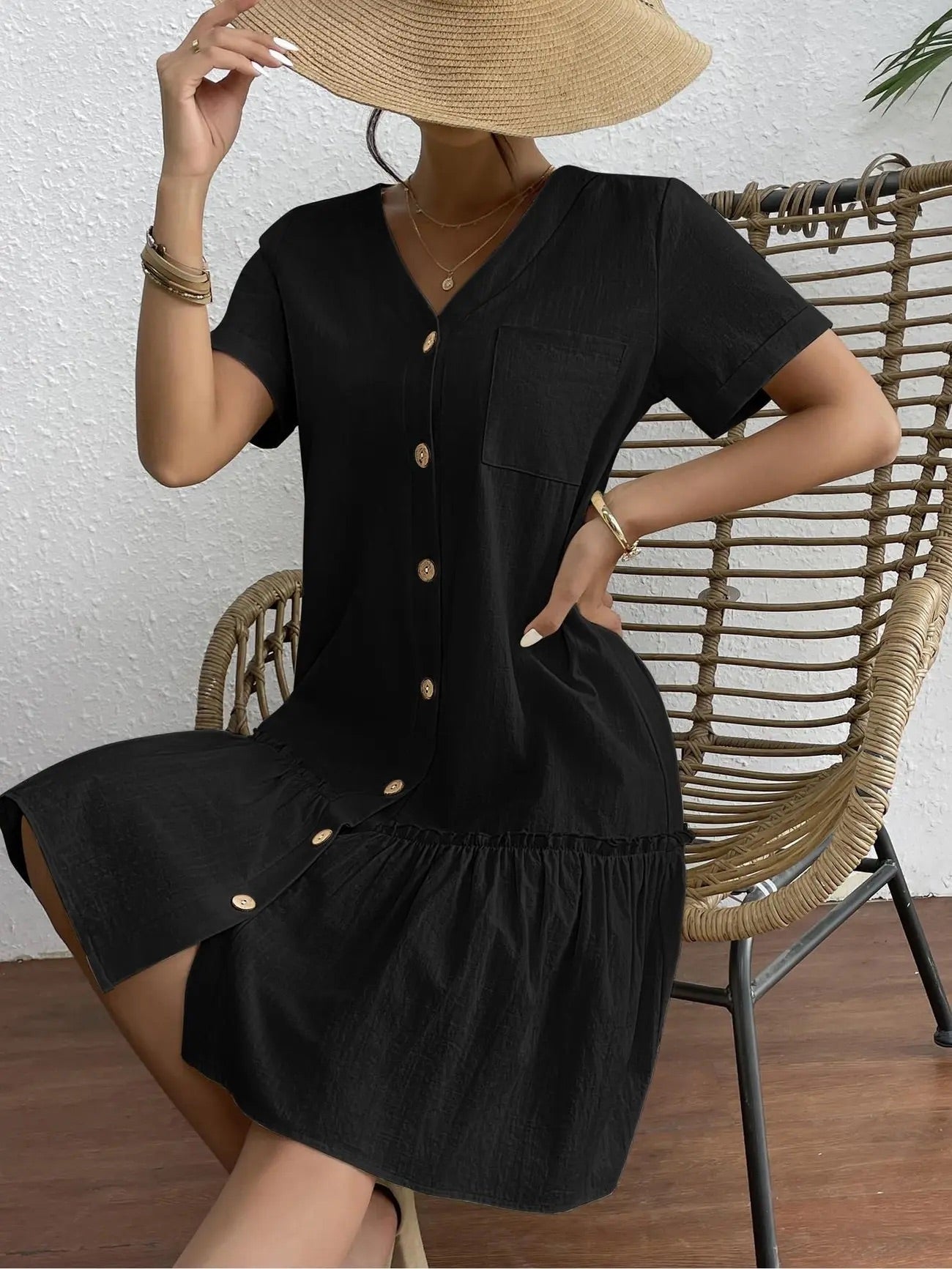 Button Front Ruffle Dress – Stylish & Comfy