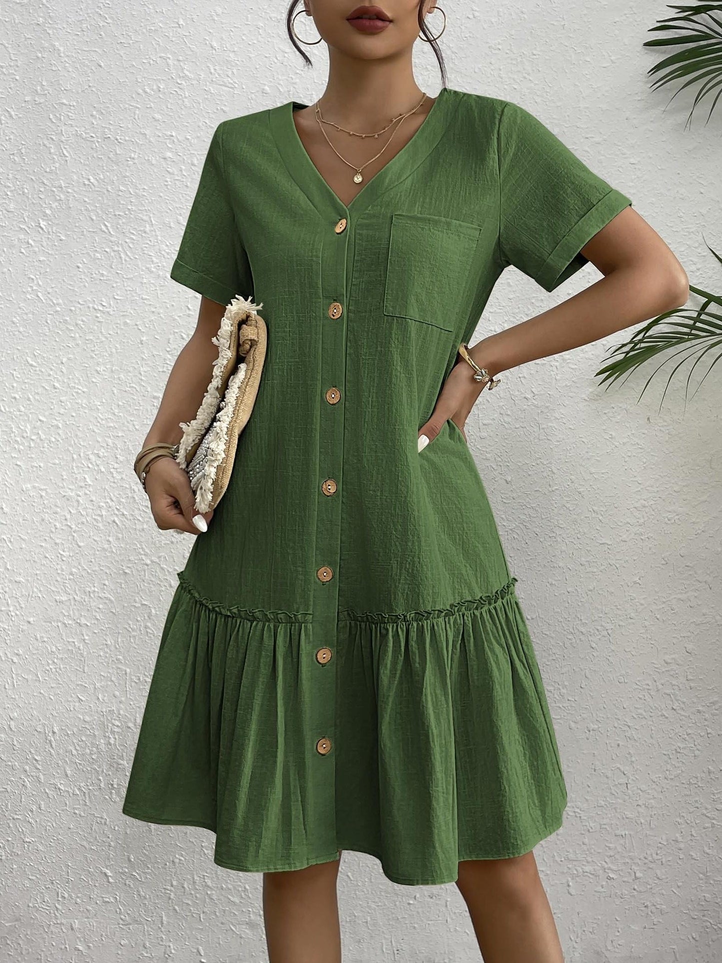 Button Front Ruffle Dress – Stylish & Comfy