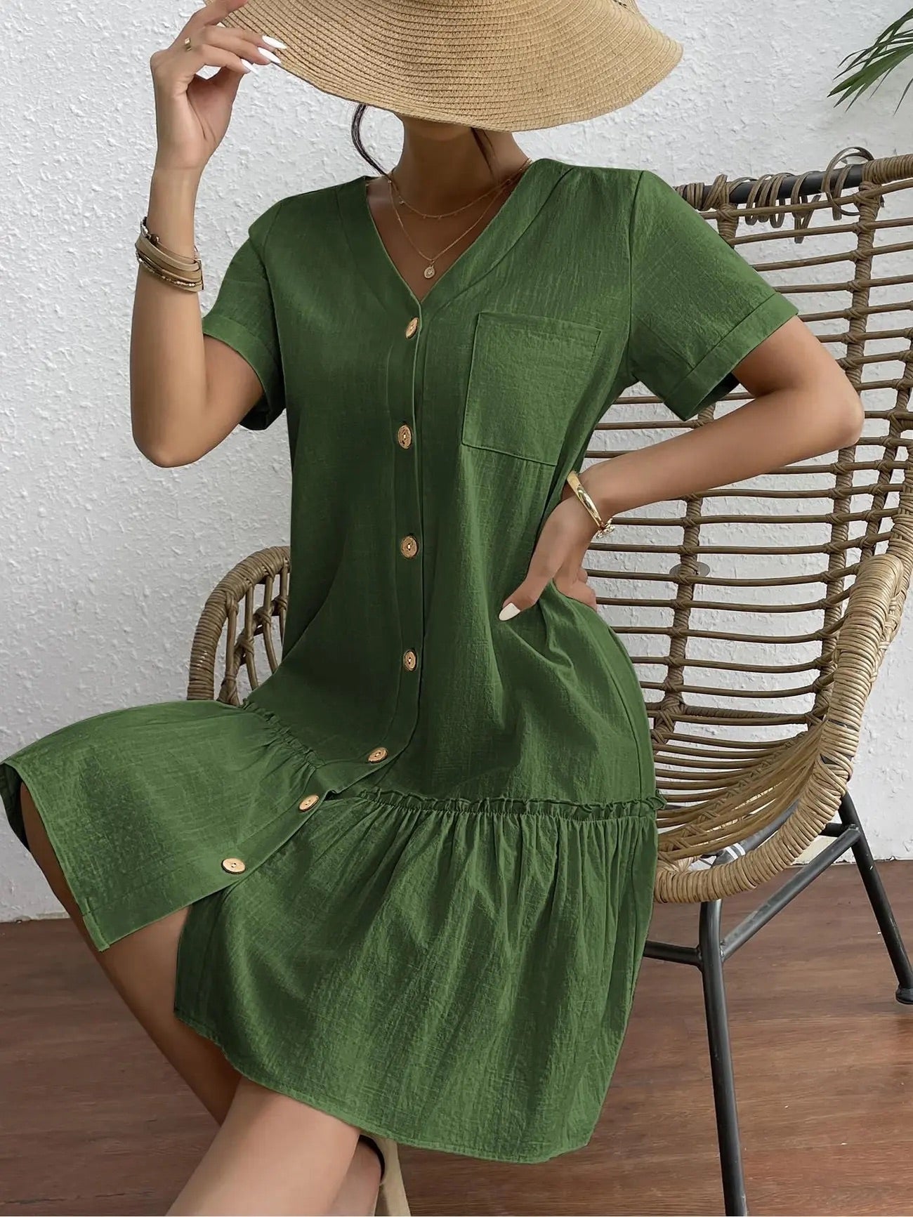 Button Front Ruffle Dress – Stylish & Comfy
