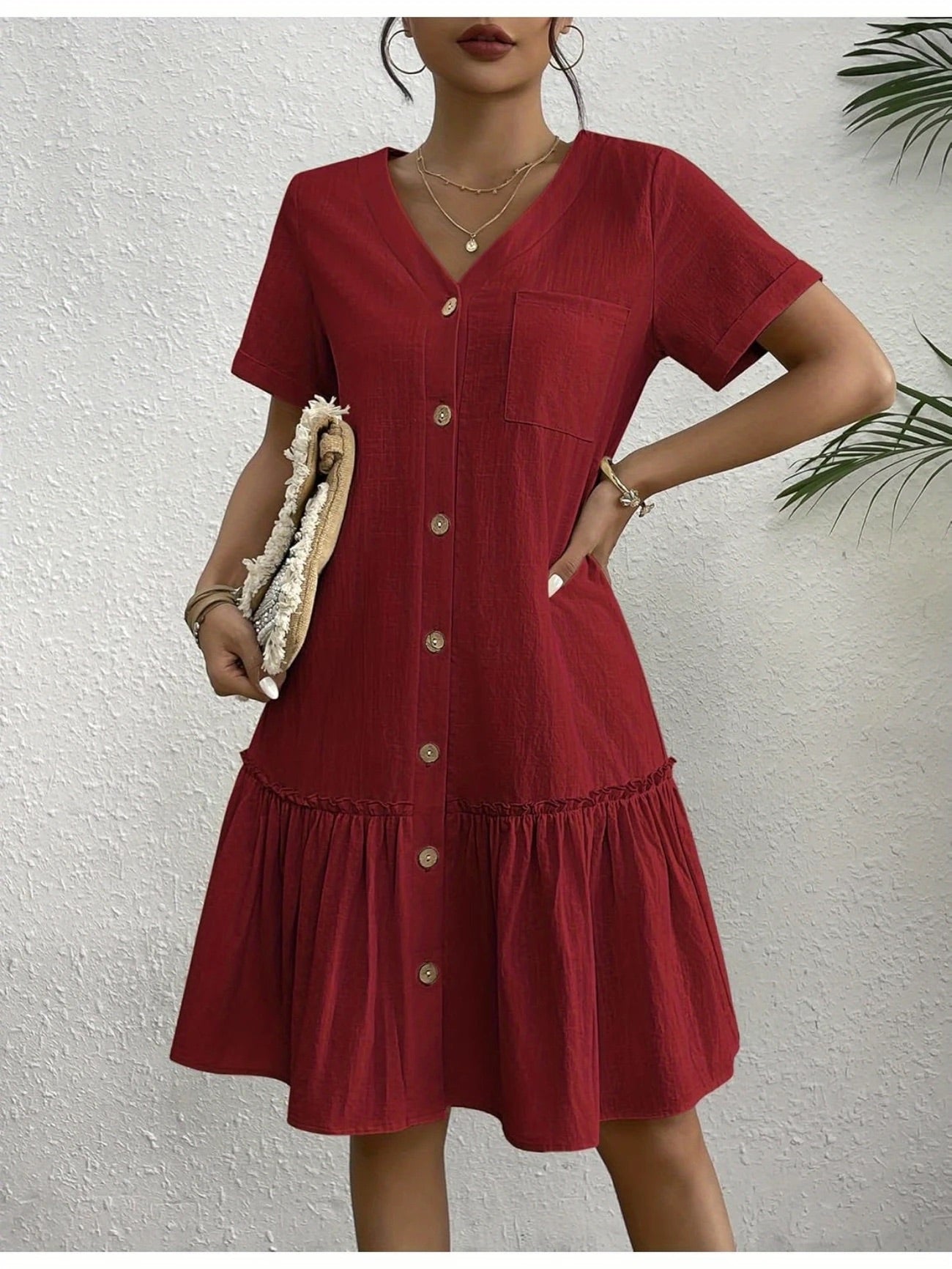 Button Front Ruffle Dress – Stylish & Comfy