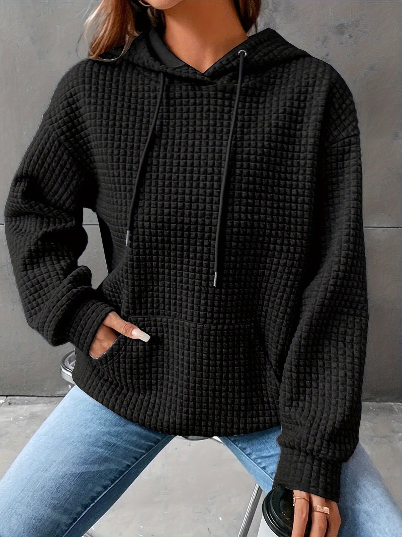 Waffle Knit Hoodie – Casual Long Sleeve Pullover