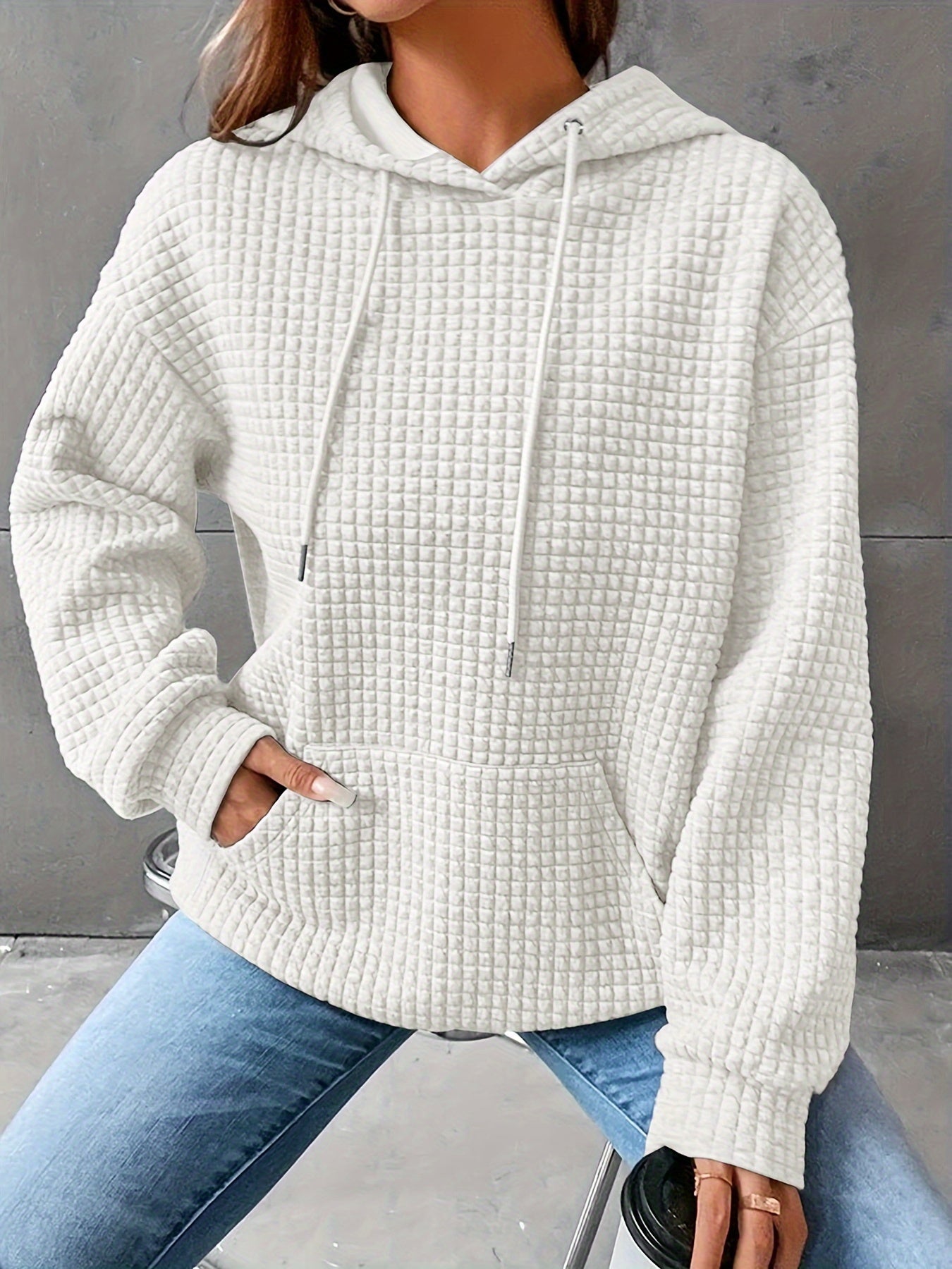 Waffle Knit Hoodie – Casual Long Sleeve Pullover