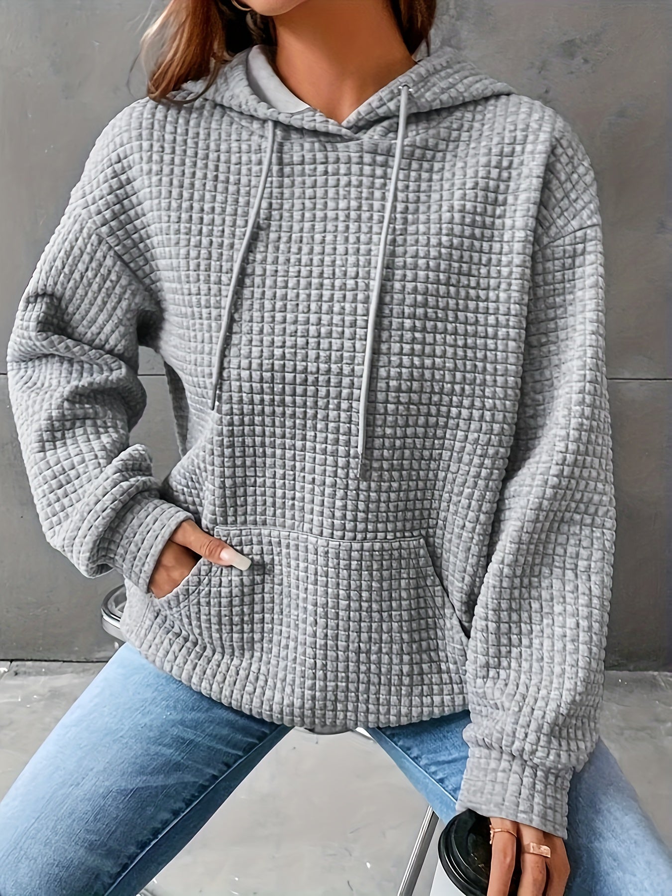 Waffle Knit Hoodie – Casual Long Sleeve Pullover