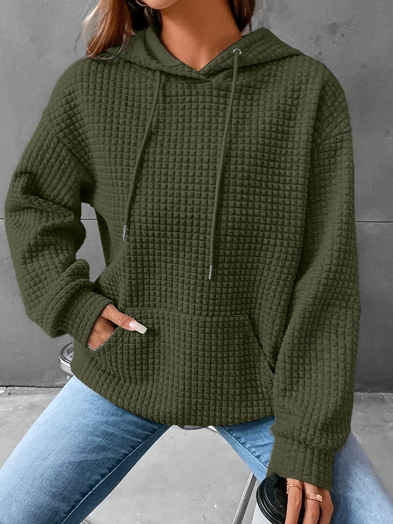 Waffle Knit Hoodie – Casual Long Sleeve Pullover