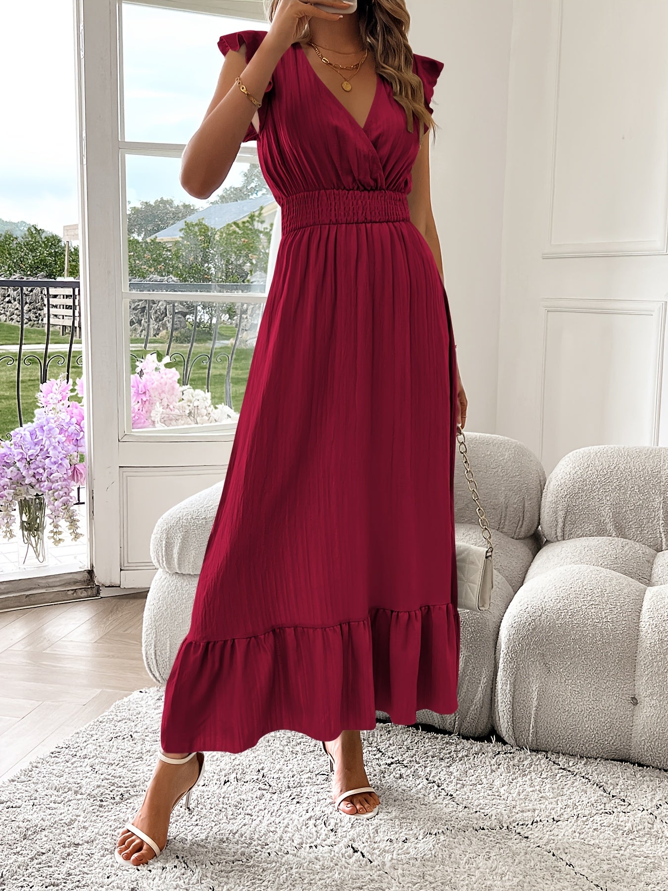V-Neck Ruffled Maxi Dress – Flowy Ruffle Hem