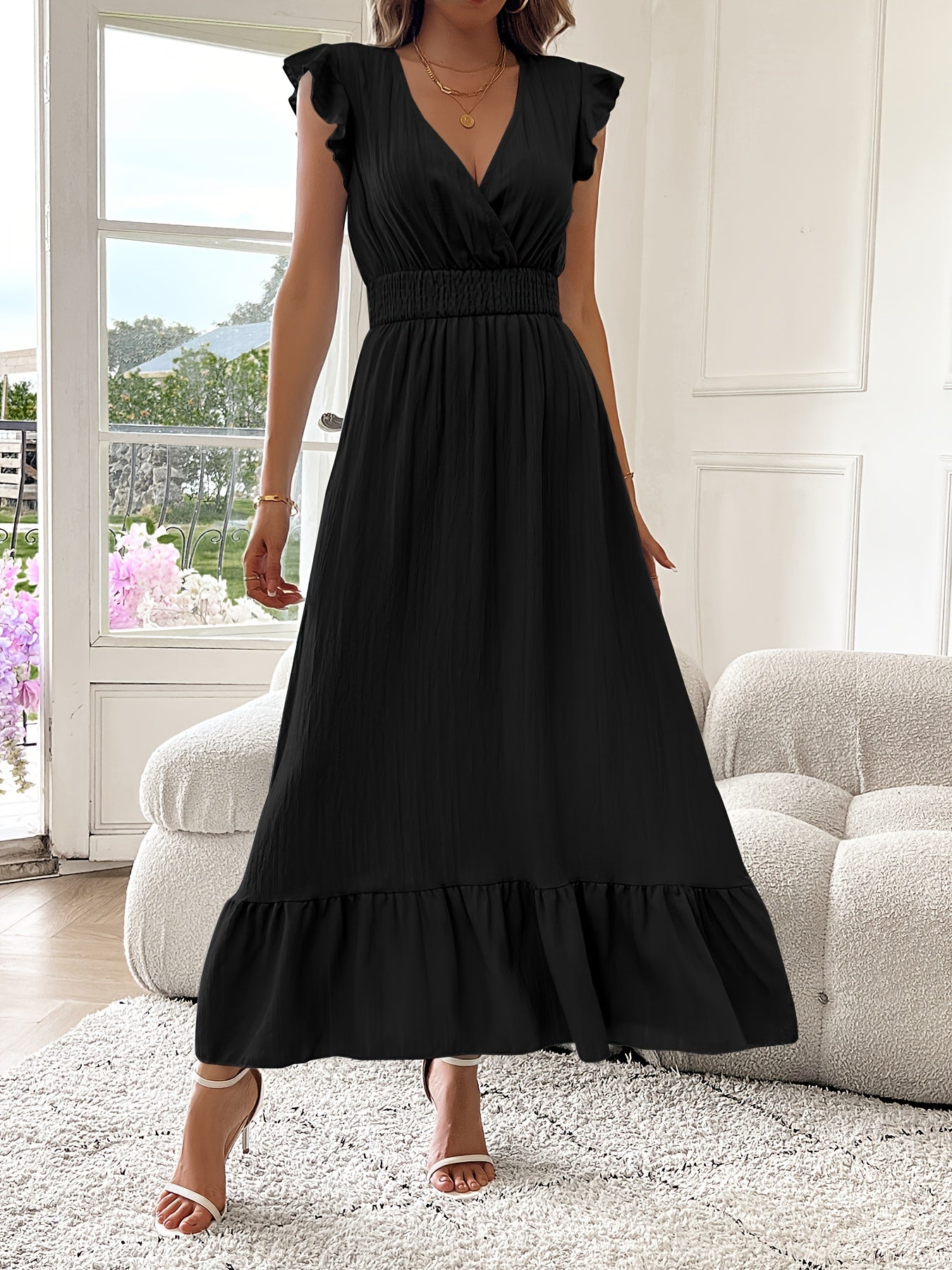 V-Neck Ruffled Maxi Dress – Flowy Ruffle Hem