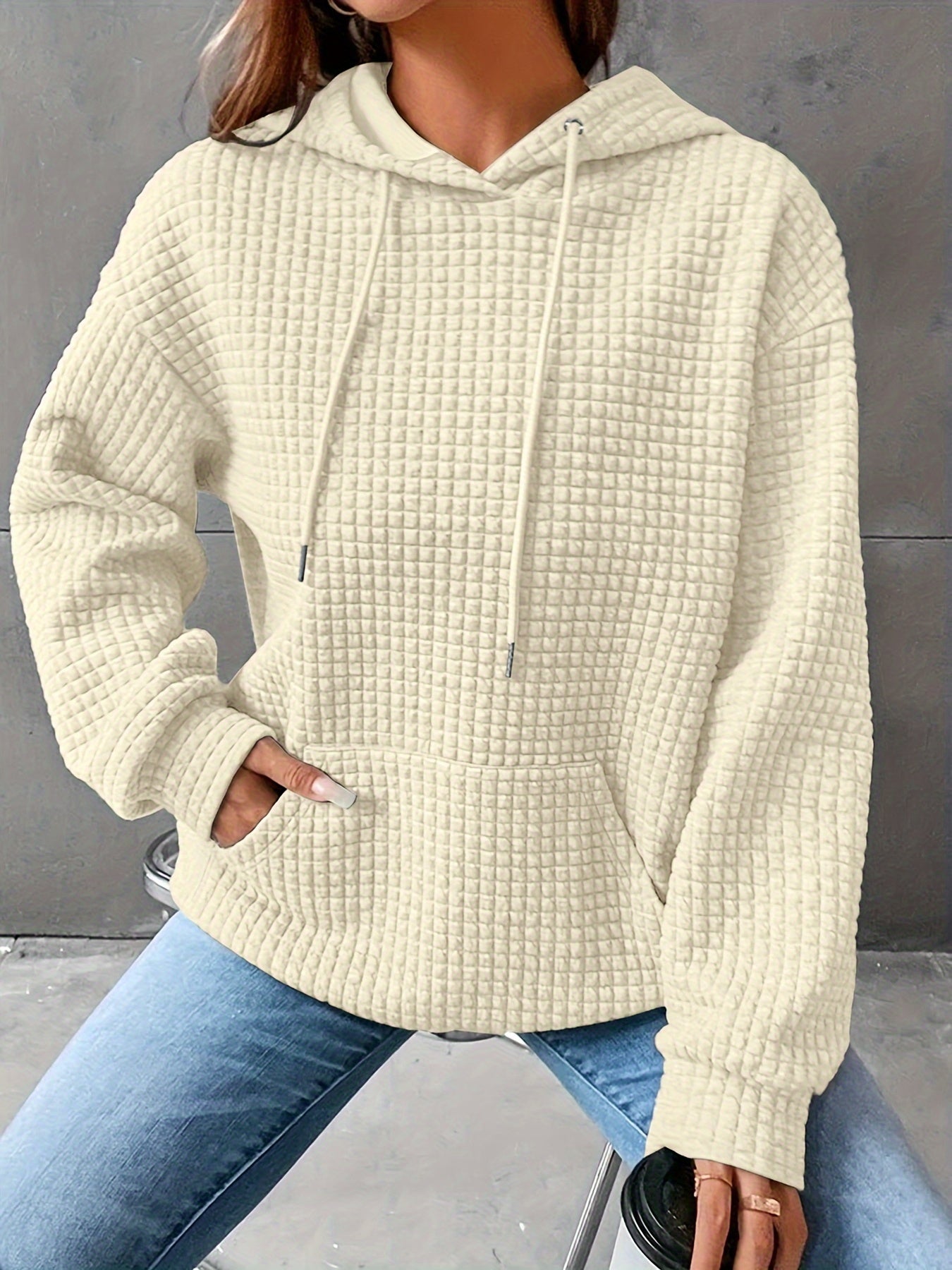 Waffle Knit Hoodie – Casual Long Sleeve Pullover