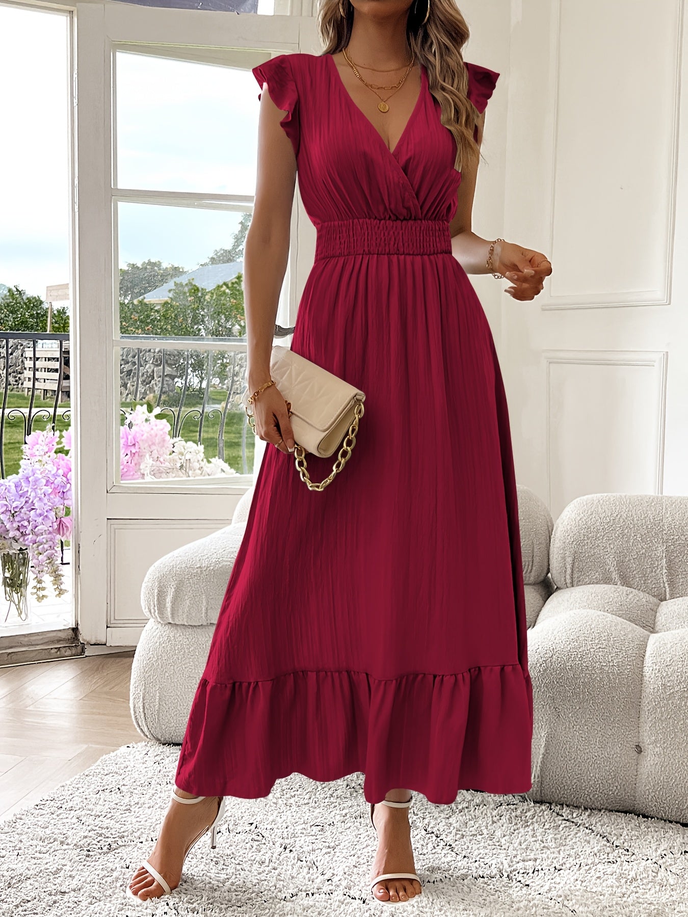 V-Neck Ruffled Maxi Dress – Flowy Ruffle Hem