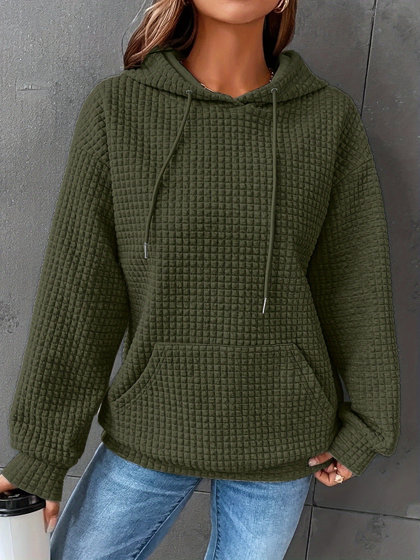 Waffle Knit Hoodie – Casual Long Sleeve Pullover