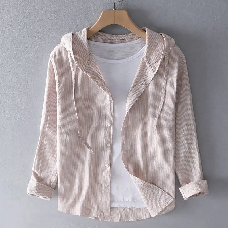Apricot linen hooded button-up shirt