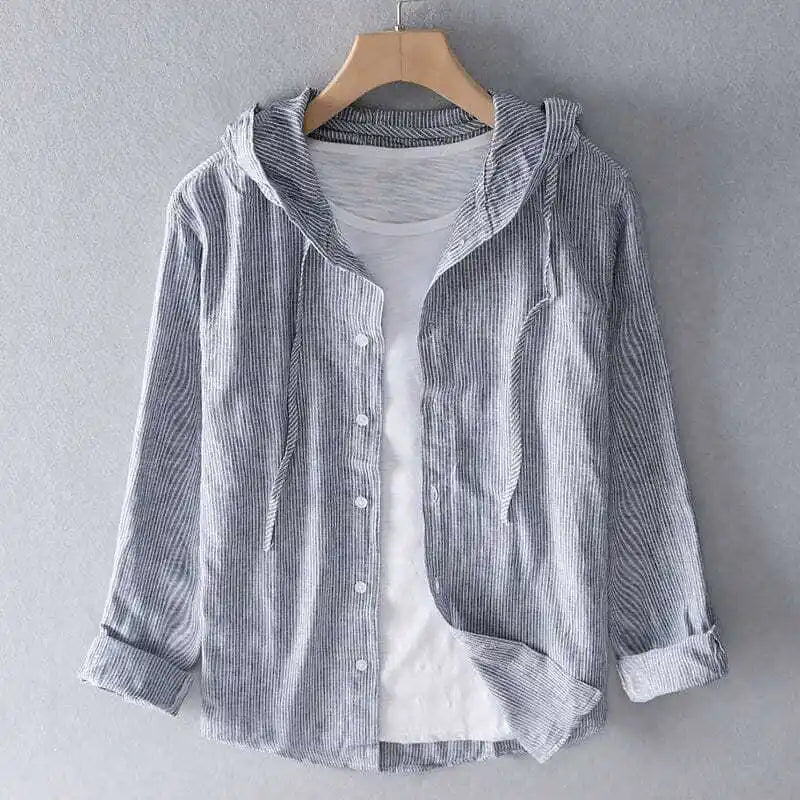 Gray linen hooded button-up shirt