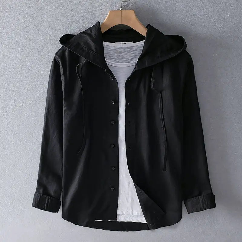 Black linen hooded button-up shirt
