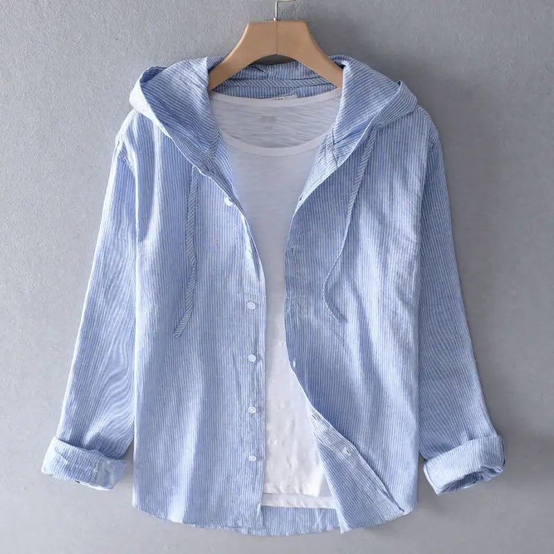Blue linen hooded button-up shirt
