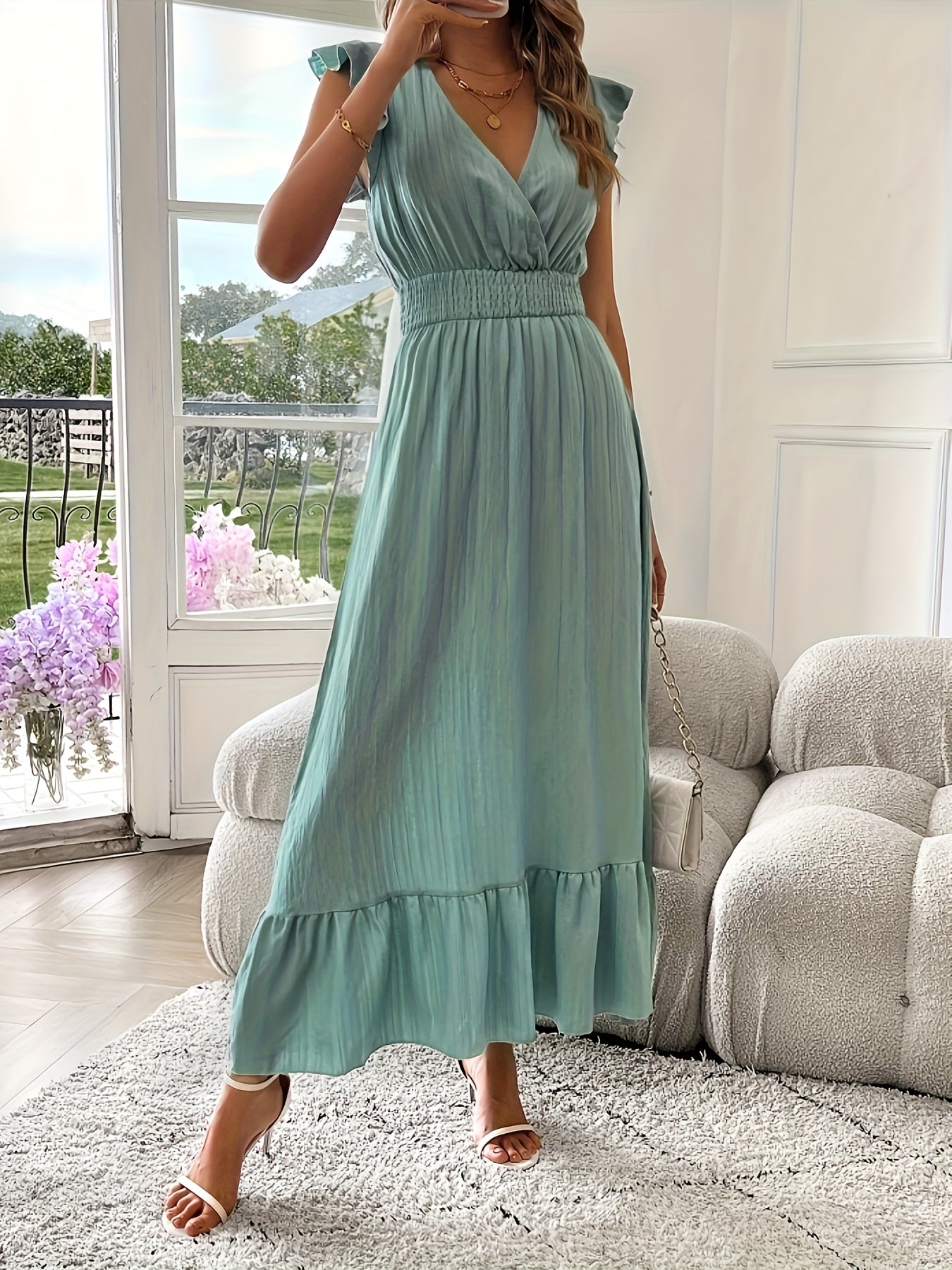 V-Neck Ruffled Maxi Dress – Flowy Ruffle Hem