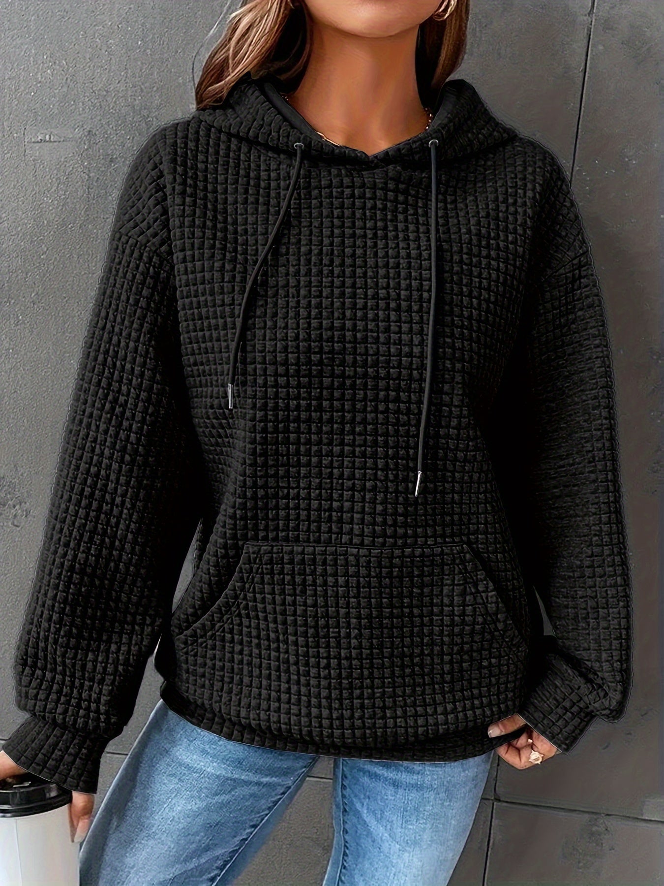 Waffle Knit Hoodie – Casual Long Sleeve Pullover