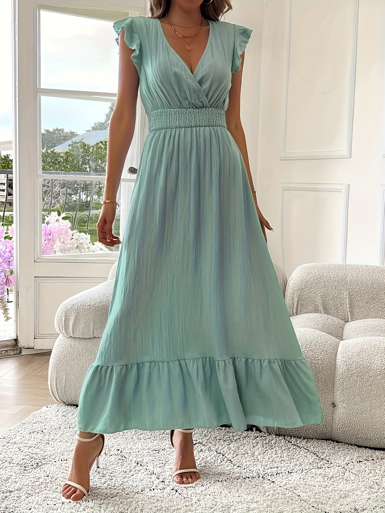 V-Neck Ruffled Maxi Dress – Flowy Ruffle Hem