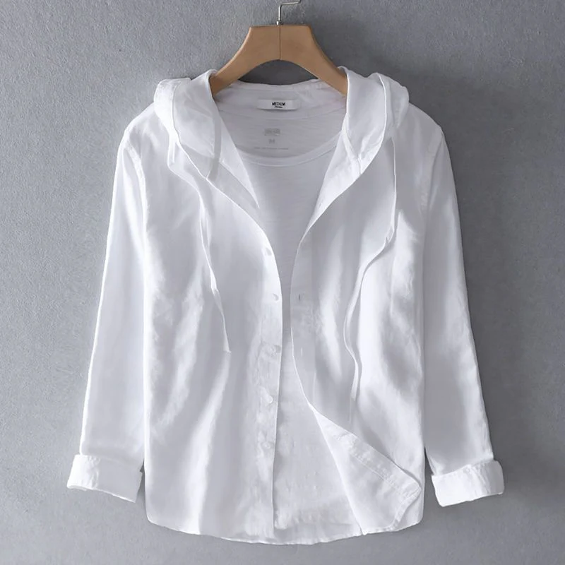 White linen hooded button-up shirt