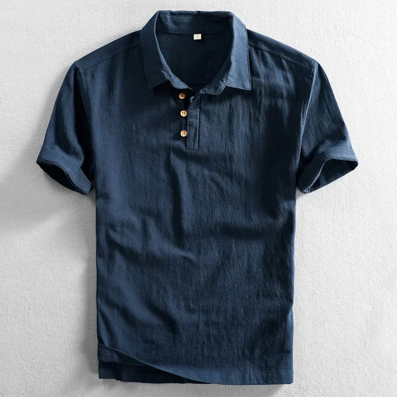 Navy blue linen cotton polo shirt