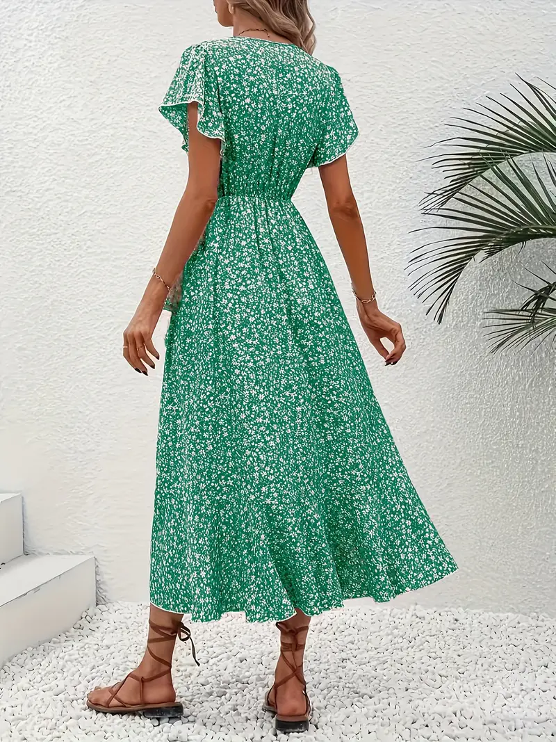V-Neck Ruffled Wrap Midi Dress – Flowy Tiered Hem