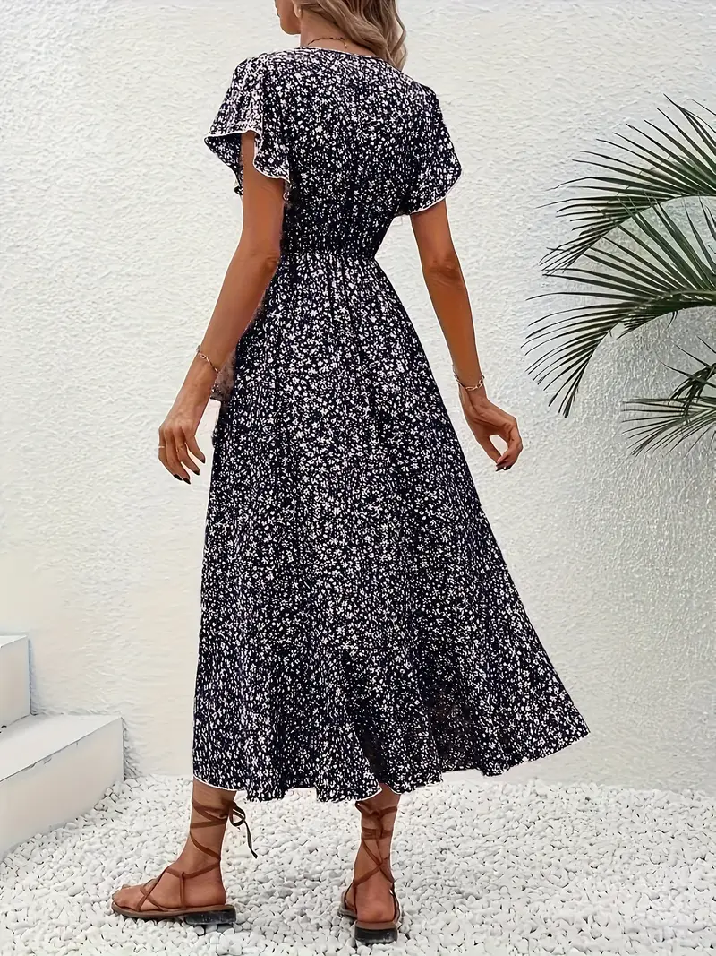 V-Neck Ruffled Wrap Midi Dress – Flowy Tiered Hem