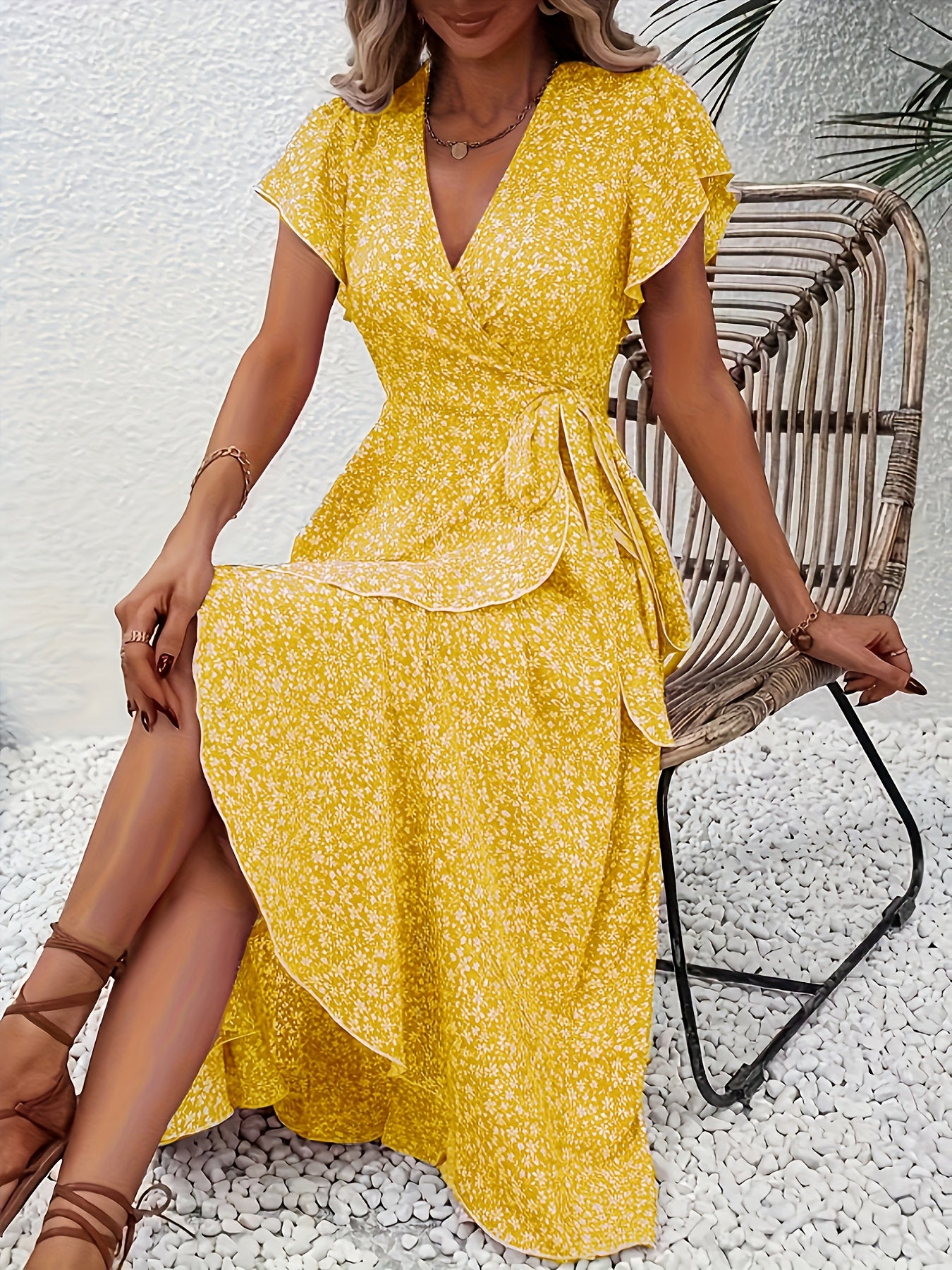 V-Neck Ruffled Wrap Midi Dress – Flowy Tiered Hem