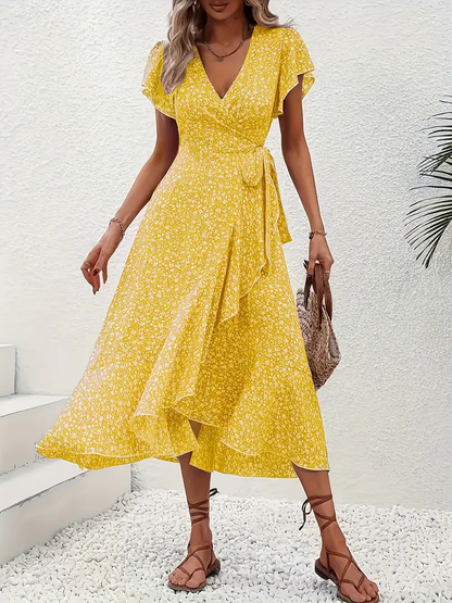 V-Neck Ruffled Wrap Midi Dress – Flowy Tiered Hem
