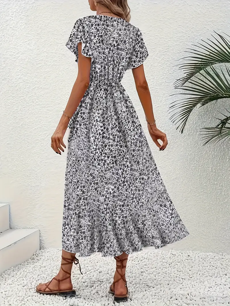 V-Neck Ruffled Wrap Midi Dress – Flowy Tiered Hem