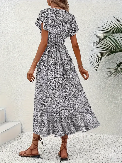 V-Neck Ruffled Wrap Midi Dress – Flowy Tiered Hem