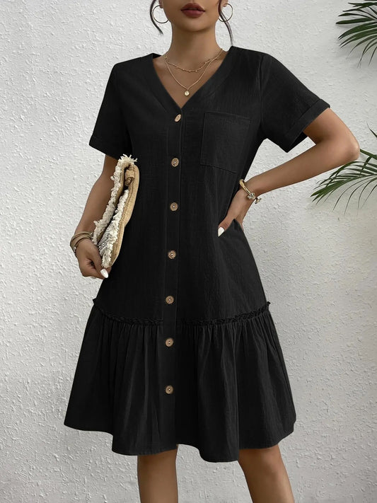 Button Front Ruffle Dress – Stylish & Comfy