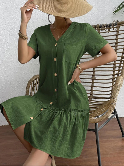 Button Front Ruffle Dress – Stylish & Comfy