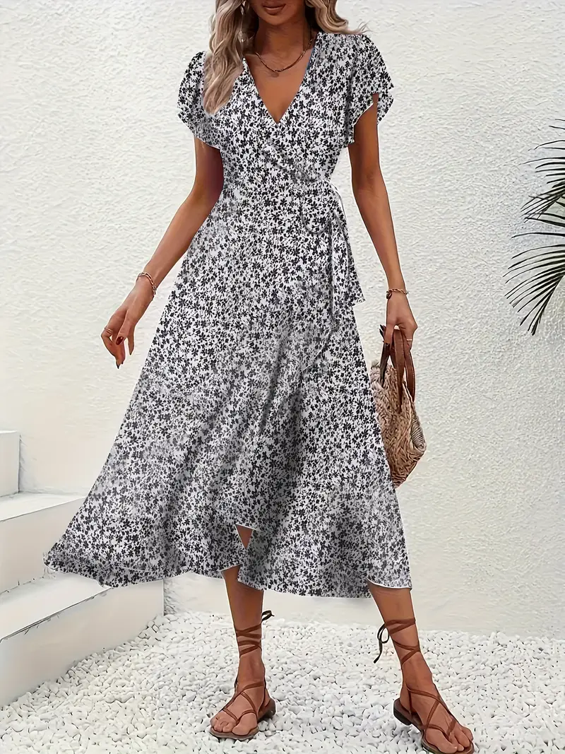 V-Neck Ruffled Wrap Midi Dress – Flowy Tiered Hem