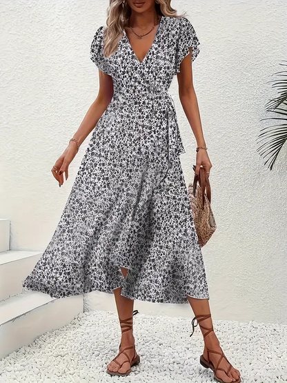 V-Neck Ruffled Wrap Midi Dress – Flowy Tiered Hem