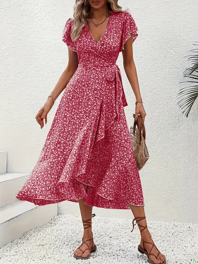 V-Neck Ruffled Wrap Midi Dress – Flowy Tiered Hem