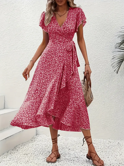 V-Neck Ruffled Wrap Midi Dress – Flowy Tiered Hem