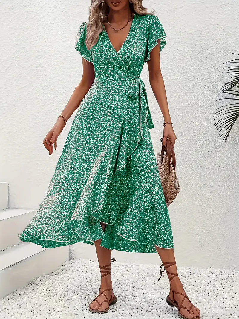 V-Neck Ruffled Wrap Midi Dress – Flowy Tiered Hem