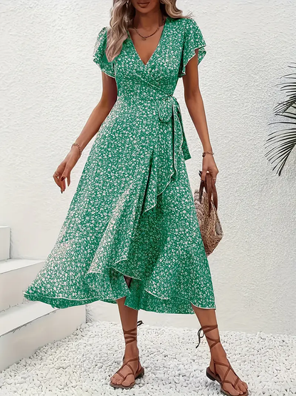V-Neck Ruffled Wrap Midi Dress – Flowy Tiered Hem