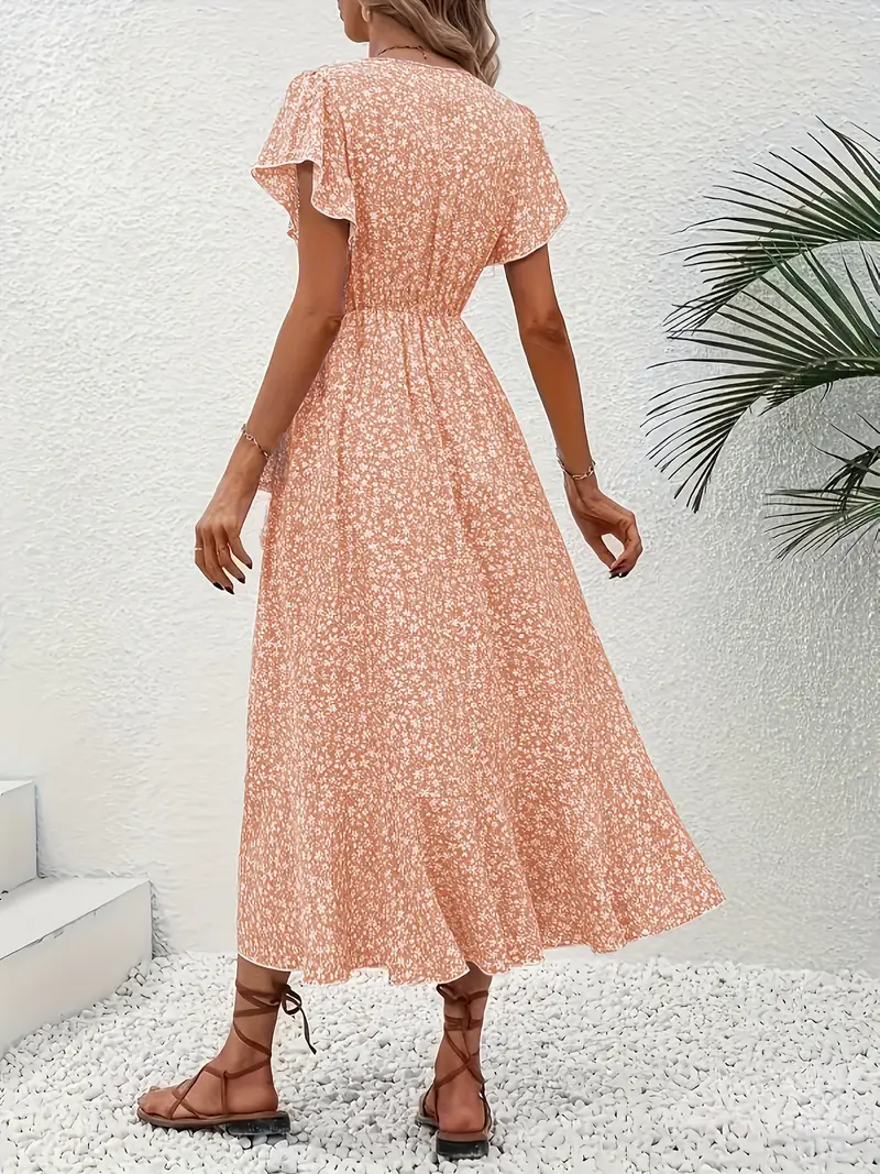 V-Neck Ruffled Wrap Midi Dress – Flowy Tiered Hem