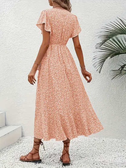 V-Neck Ruffled Wrap Midi Dress – Flowy Tiered Hem
