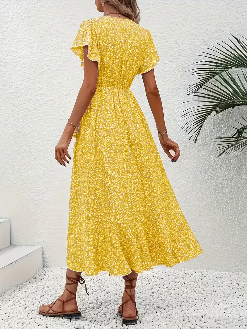 V-Neck Ruffled Wrap Midi Dress – Flowy Tiered Hem