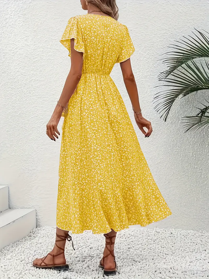 V-Neck Ruffled Wrap Midi Dress – Flowy Tiered Hem