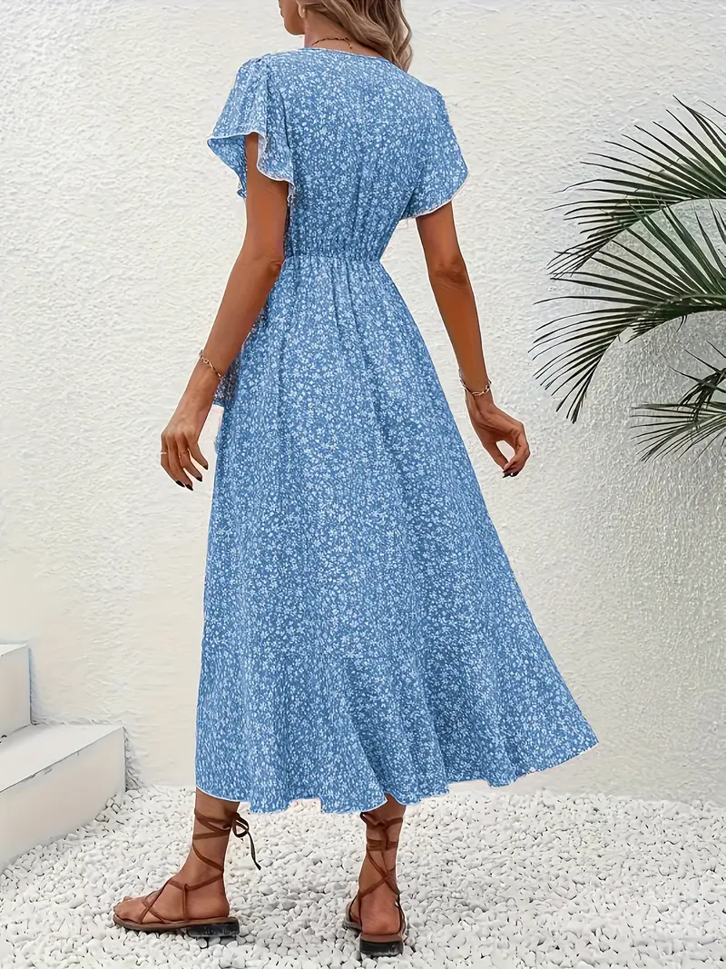 V-Neck Ruffled Wrap Midi Dress – Flowy Tiered Hem