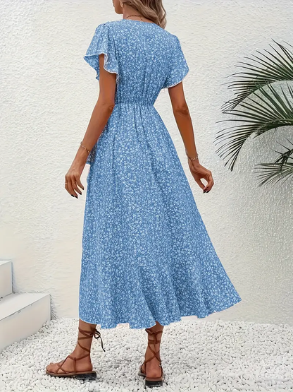 V-Neck Ruffled Wrap Midi Dress – Flowy Tiered Hem