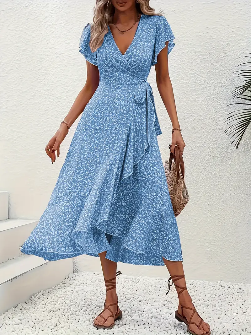 V-Neck Ruffled Wrap Midi Dress – Flowy Tiered Hem