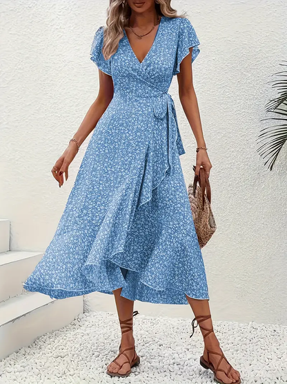 V-Neck Ruffled Wrap Midi Dress – Flowy Tiered Hem