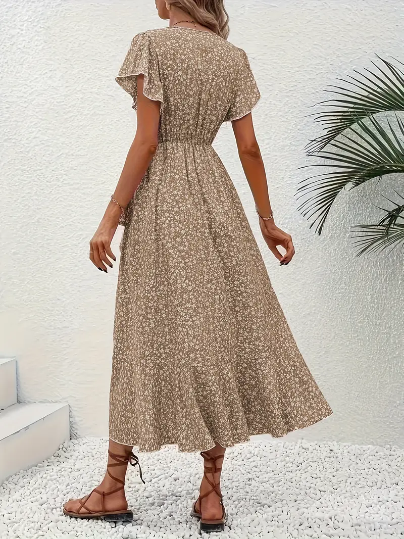 V-Neck Ruffled Wrap Midi Dress – Flowy Tiered Hem